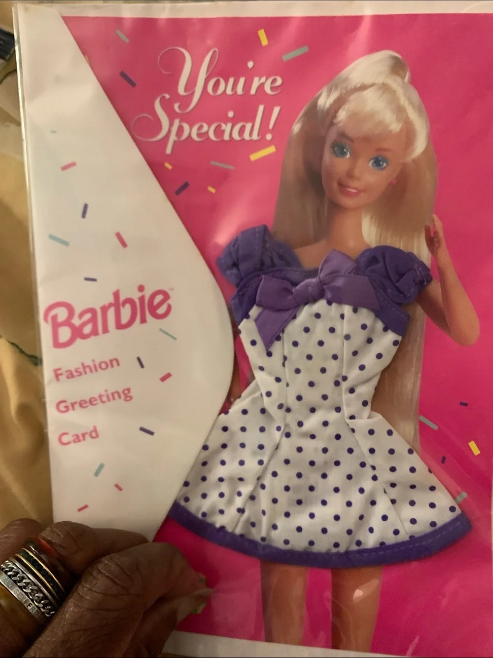 Vintage 1994 Barbie Pink Greeting Card with White & Purple Polka Dot Dress